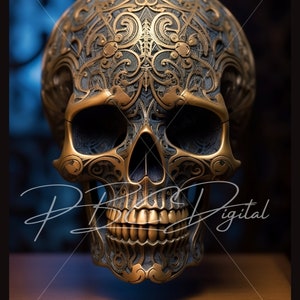 Intricate Metal Skull Digital download - Skull No. 1, AI Generated Art, Printable Poster Image PNG
