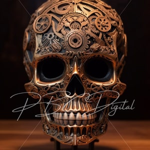 Bronze Steampunk Skull Digital download - Skull No. 3, AI Generated Art, Printable Poster Image PNG