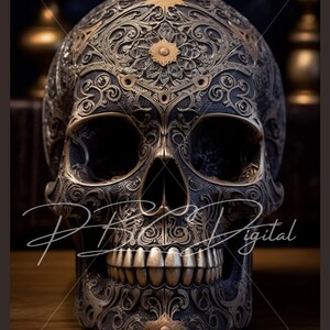 Intricate Metal Skull Digital download - Skull No. 2, AI Generated Art, Printable Poster Image PNG