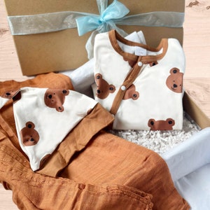 Neutral baby gift outfit for boy brown bear baby outfit woodland bear baby set baby boy take home outfit bear baby hat new baby gift set