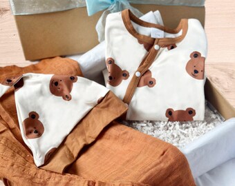 Neutral baby gift outfit for boy brown bear baby outfit woodland bear baby set baby boy take home outfit bear baby hat new baby gift set