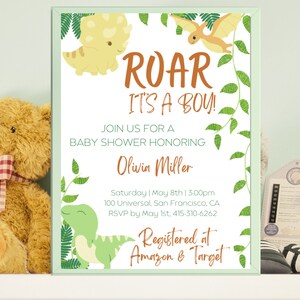 Invitation de douche de bébé dinosaure, douche de bébé Dino, c&#39;est un garçon, douche de bébé garçon, téléchargement immédiat, modèle modifiable, invitation imprimable