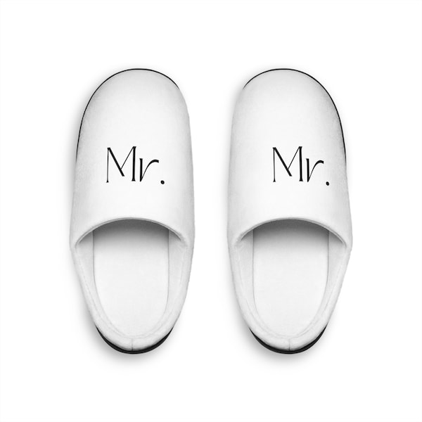 Mr. Matching White Wedding Slippers, Mr & Mrs, Bride and Groom Matching Couple Slides for Wedding Keepsake, Modern Style - #1