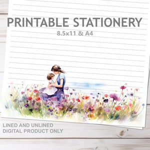 Mama und Tochter auf der Wiese Frühlingsblumen Druckbares Briefpapier Liniert keine Linien A4 & 8.5x11 US Letter Size Print zu Hause Blumen Briefpapier