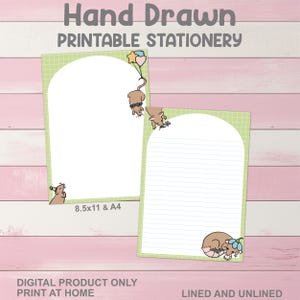 May include: Hand drawn printable stationery featuring two sheets with a light green grid pattern and arched white centers. One sheet is unlined, the other is lined. Illustrations include brown mice, balloons, and flowers. Text reads 8.5x11 & A4.