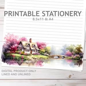 Kirschblüte Englisch Cottage Druckbares Briefpapier Liniert und ohne Linien A4 & 8.5x11 US Letter Size Print zu Hause Natur JW Lettering