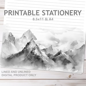Ink Saver Graustufen Stormy Mountains druckbare Briefpapier in A4 und 8,5 x 11 US Letter Größe | Print at Home liniertes und unliniertes Schreibpapier