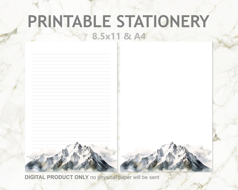 Watercolor Mountain Range Printable Stationery Lined and Unlined in A4 ...