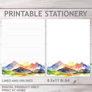 Sonnenuntergang Berg Briefpapier in A4 und 8,5 x 11 US Letter Größe Print at Home liniert und No Lines Pen Pal Schreibpapier