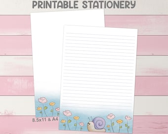 Schneckengarten Printable Briefpapier A4 8.5x11 US Letter Size - Cute Flowers Pen Pal Kit Liniertes Journal Schreibpapier Print zu Hause Papier Notizen