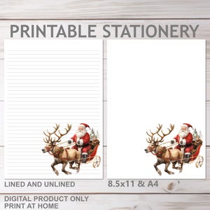 Juego de papelería imprimible con renos navideños y trineo de Papá Noel en tamaño A4 y 8,5 x 11 pulgadas, papel rayado para escribir en diario para fiestas