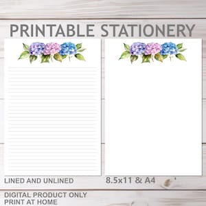 Hortensien Strauß Floral Printable Briefpapier Liniert und Unliniert A4 und 8.5x11 US Letter Size Print at Home Blumen Gefüttert Briefpapier