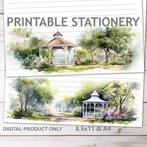 Cottage Gazebo Briefpapier liniert und unliniert in A4 und 8,5 x 11 US Letter Größe | Print at Home Gemütliches Briefpapier