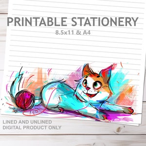 Papelería imprimible con diseño de gato jugando, tamaño A4 y carta de EE. UU. de 8,5 x 11 pulgadas, para imprimir en casa, con líneas, sin líneas, con un lindo gatito silvestre, para escribir por correspondencia.