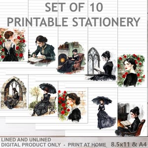 Carta da lettere stampabile Gothic Victorian Women A4 8,5x11 US Letter Size Dark Academia Pen Pal Lined Journal Writing Paper Set di 10 Mega Pack