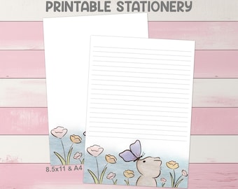 Papelería imprimible con diseño de gato y mariposa, tamaño A4, 8,5 x 11 pulgadas (carta de EE. UU.) - Kit de amigos por correspondencia Kawaii, diario rayado, papel para escribir, bloc de notas para imprimir en casa