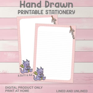 May include: Two sheets of printable stationery with a pink grid border and a cartoon dragon illustration. One sheet is lined, the other is blank. The text "Hand Drawn Printable Stationery" is at the top. The dimensions are 8.5x11 & A4.