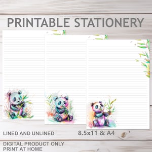 Panda mit Bambus Bunte Kinder Pen pal Druckbare Briefpapier in A4 und 8.5 x 11 US Letter Größe Print at Home liniert keine Linien Schreibpapier