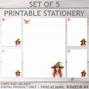 Papelaria para impressão Mossy Witches A4 8,5x11 tamanho carta dos EUA Natureza Halloween Pagão Samhain Pen Pal Papel pautado para escrever diário Conjunto de 5 unidades