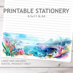 Unterwasser Ozean Korallenriff Briefpapier Liniert und Unliniert in A4 und 8.5x11 US Letter Size Print at Home Tropischer Fisch Briefpapier