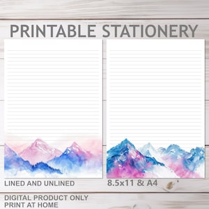 Zuckerwatte rosa blau Berge Briefpapier Liniert und Unliniert in A4 und 8,5x11 US Letter Größe Print at Home Memo Briefpapier