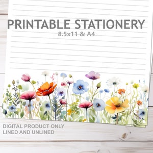 Frühling Wildblumen Briefpapier Linierte und Unlinierte Blumen in A4 und 8,5 x 11 US Letter Größe druckbar | Print at Home Floral gefüttertes Briefpapier