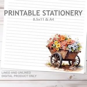 Schöne Schubkarre Blumen Printable Briefpapier Liniert und Unliniert A4 und 8.5x11 US Letter Size Print zu Hause Floral gefüttert Briefpapier