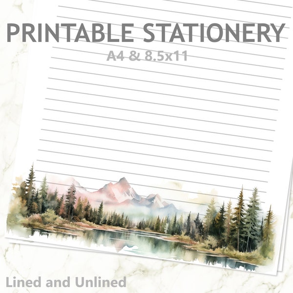 Mountain Range and Lake Printable Stationery Lined and Unlined in A4 and 8.5x11 US Letter Size | Print at Home Mountains Lined Writing Paper