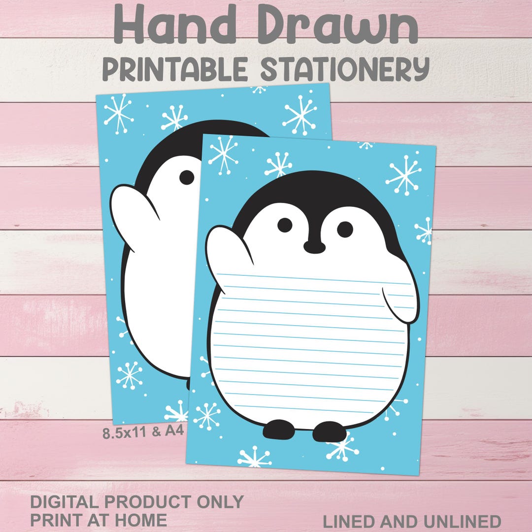 Winter Penguin Printable Stationery A4 8.5x11 US Letter Size - Cute ...