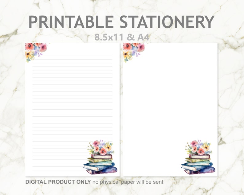 Stack of Books With Flowers Printable Stationery Set Lined and Unlined ...
