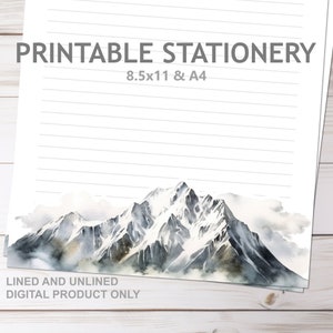 Papelería imprimible con diseño de cordillera de acuarela, con y sin forro, en formato A4 y carta de 8,5 x 11 pulgadas. Papel de notas digital para imprimir en casa.