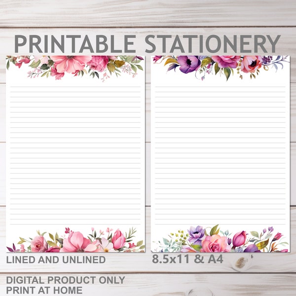 Roses and Flowers Printable Stationery Lined and Unlined in A4 and 8.5x11 US Letter Size | Print at Home Floral Border Lined Writing Paper