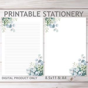Eucalyptus Leaves Floral Printable Stationery Lined and Unlined in A4 and 8.5x11 US Letter Size | Print at Home Flower Lined Writing Paper