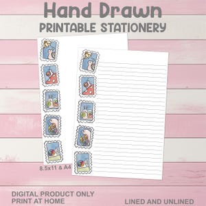 May include: Printable stationery with hand-drawn snail illustrations on stamp-like designs. The stationery includes lined and unlined paper, available in 8.5x11 and A4 sizes. The image text reads "Hand Drawn Printable Stationery" and "Digital Product Only Print at Home."