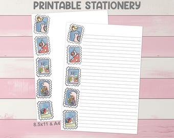 Hand Drawn Snail Mail Postage Stamp Printable Stationery A4 8.5x11 US Letter Size - Cute PenPal Kit Lined Writing Paper - Print at Home