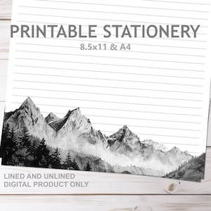 Ink Saver Berge Graustufen Natur Printable Briefpapier in A4 und 8,5 x 11 US Letter Größe | Print at Home liniertes und unliniertes Schreibpapier