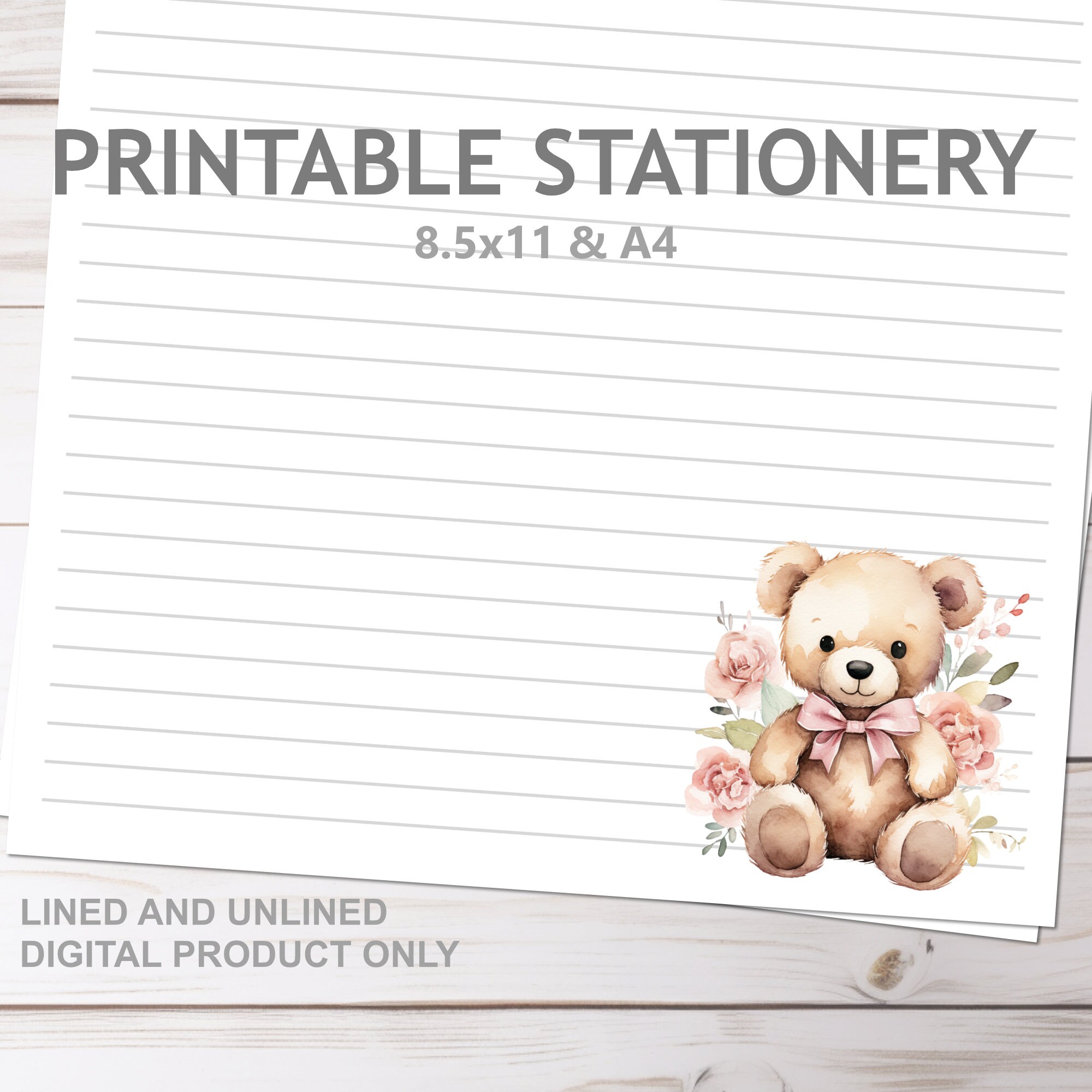 Teddy Bear Set Printable Stationery Lined and Unlined in A4 and 8.5x11 ...