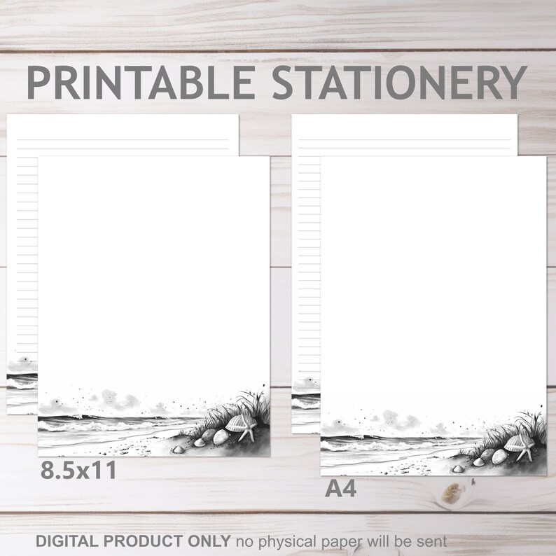 Ink Saver Beach Sailboat Grayscale Printable Stationery in A4 and 8.5x11 US Letter Size | Print ...
