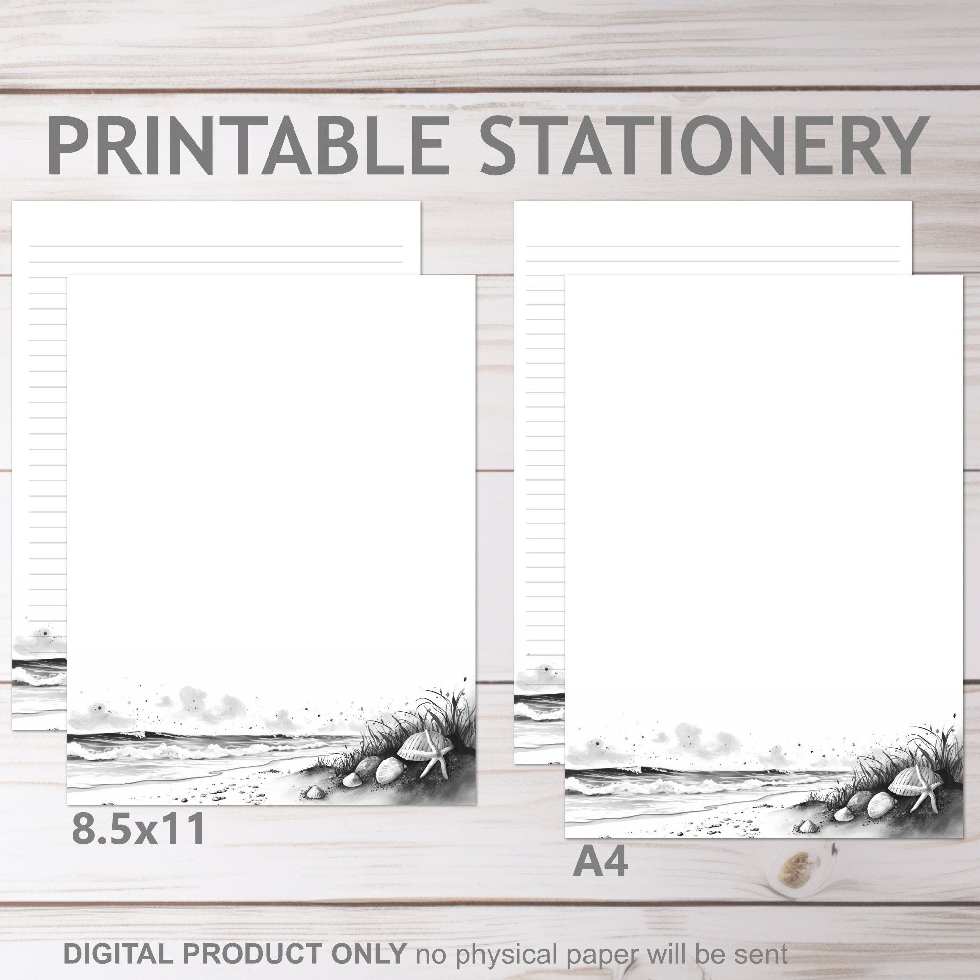 Ink Saver Beach Sailboat Grayscale Printable Stationery in A4 and 8.5x11 US Letter Size | Print ...