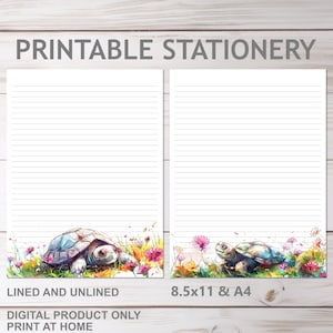 Papelería imprimible con tortugas en tamaño A4 y 8,5x11 tamaño carta de EE. UU., impresión en casa, forrado, sin líneas, papel de escritura floral de tortuga y flores silvestres