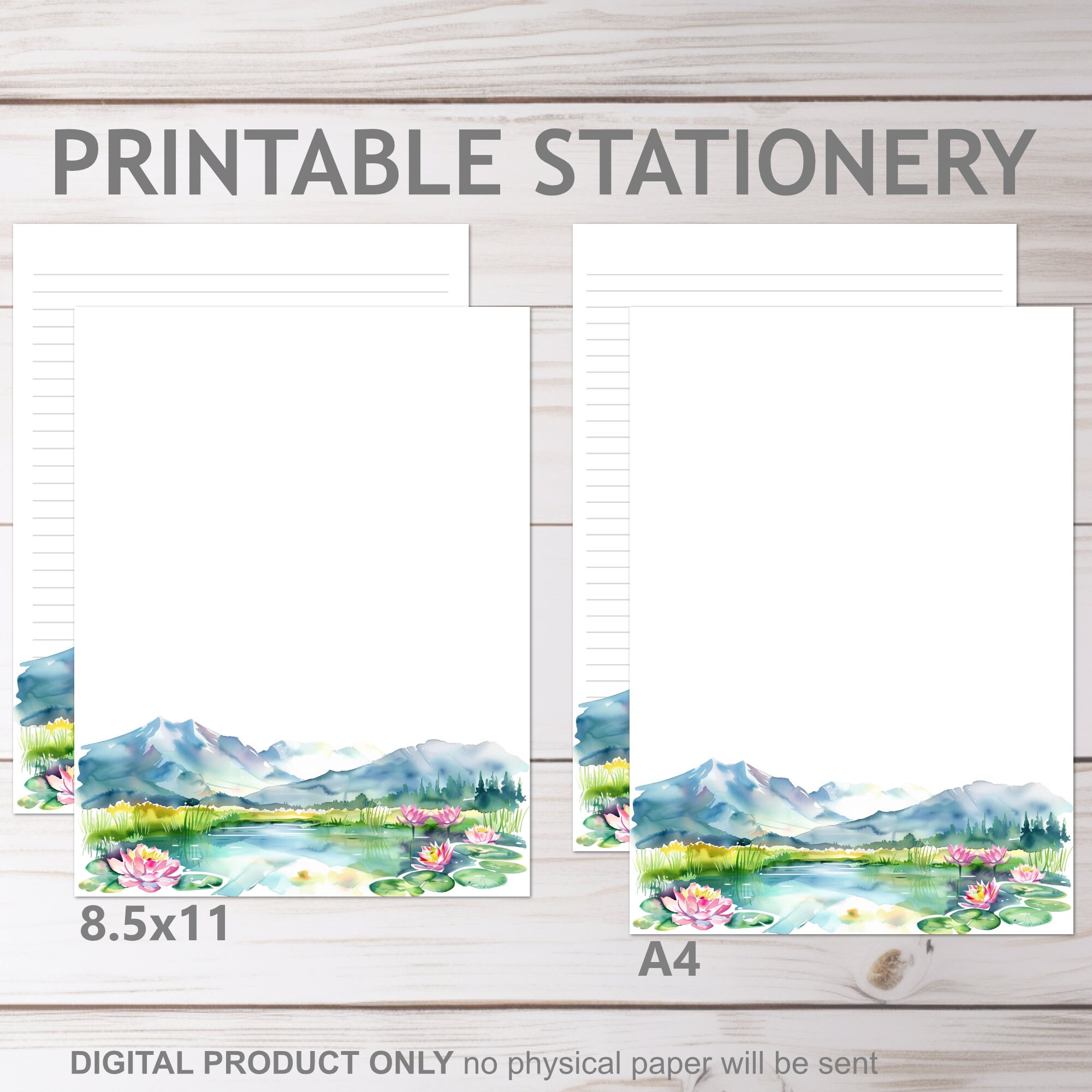 Lily Pad Lotus Flower Mountains Printable Stationery in A4 and 8.5x11 ...