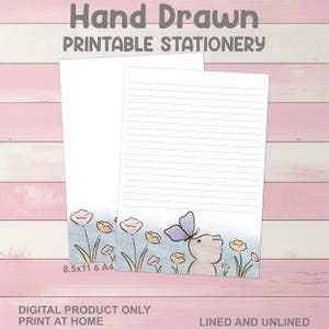 Cat Butterfly Printable Stationery A4 8.5x11 US Letter Size - Kawaii Cute PenPal Kit Lined Journal Writing Paper Print at Home Paper Notepad