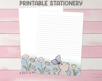 Cat Butterfly Printable Stationery A4 8.5x11 US Letter Size - Kawaii Cute PenPal Kit Lined Journal Writing Paper Print at Home Paper Notepad