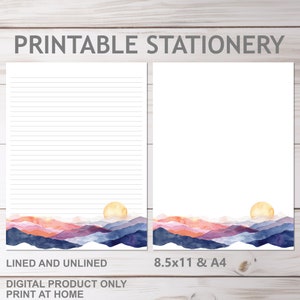 Wüste Sonnenuntergang Berg Briefpapier in A4 und 8,5 x 11 US Letter Größe Print at Home liniert und ohne Linien Berge Pen Pal Briefpapier
