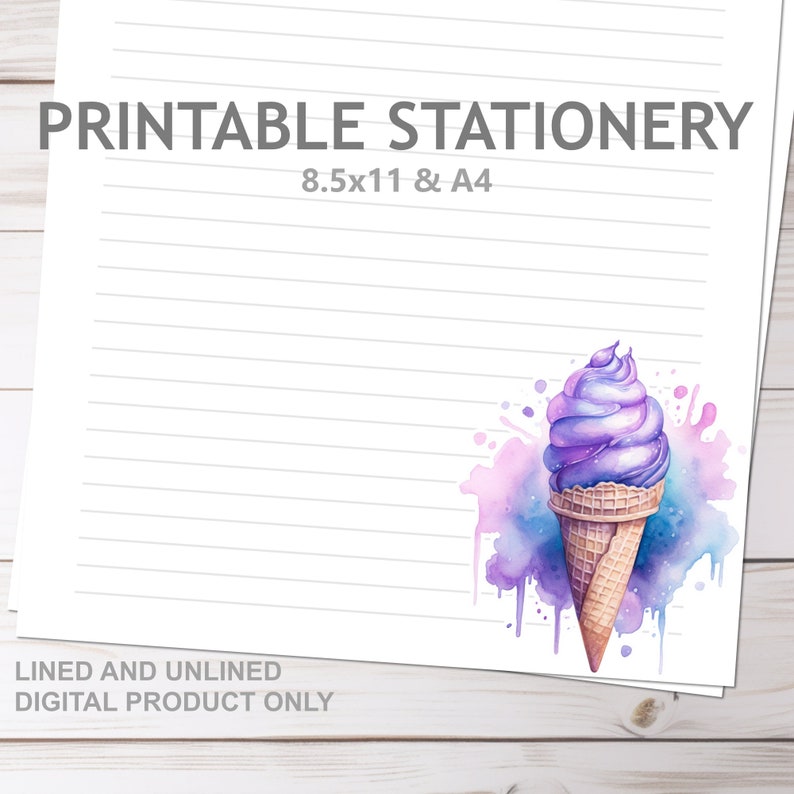 Ice Cream Cone Purple and Blue Printable Stationery Set Lined and ...