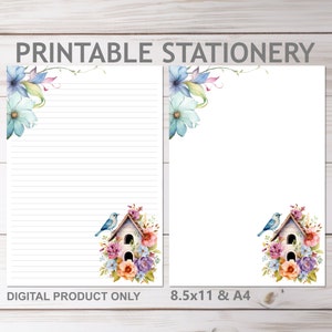 Blumen Vogelhaus Briefpapier Liniert und Unliniert in A4 und 8,5 x 11 US Letter Größe | Print at Home Blumen Vögel liniertes Briefpapier