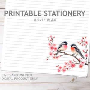 Kirschblüten Baum Vögel Digitales Briefpapier, gefüttert in A4 und 8,5 x 11 US Letter Größe Print at Home japanisches Blumenschreibpapier