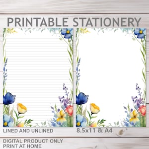 Papelería imprimible con motivos florales para jardín, con y sin rayas, tamaño A4 y carta de EE. UU. de 8,5 x 11, para imprimir en casa, papel rayado con flores de colores