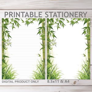 Papelería imprimible de bosque de bambú con líneas y sin líneas en tamaño A4 y carta de EE. UU. de 8,5 x 11 pulgadas / Papel de escritura con líneas Kawaii de jungla linda para imprimir en casa