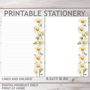 Papelaria para impressão com flores da primavera e margaridas, pautada e sem pauta, tamanho A4 e 8,5 x 11, tamanho carta EUA | Papel de carta pautado com estampa floral de margaridas para imprimir em casa